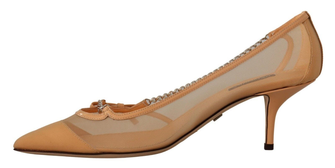 Elegant beige mesh pumps with silver chains