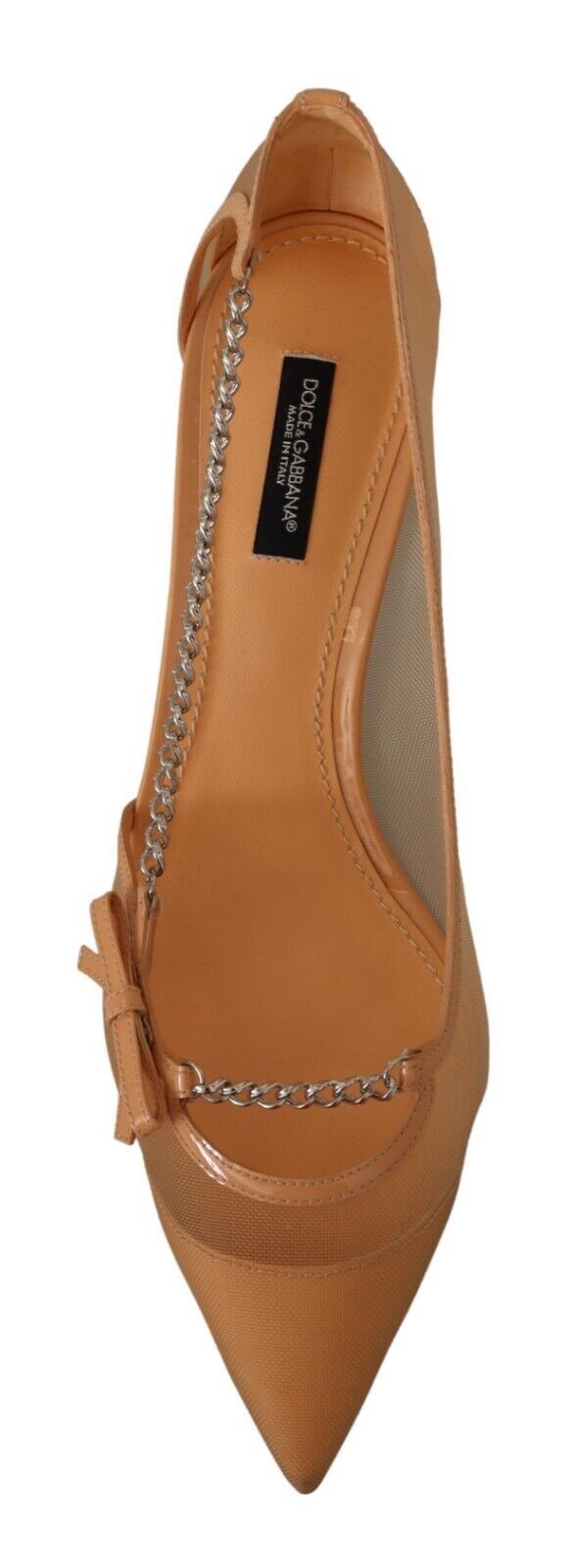Elegant beige mesh pumps with silver chains