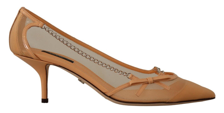 Elegant beige mesh pumps with silver chains