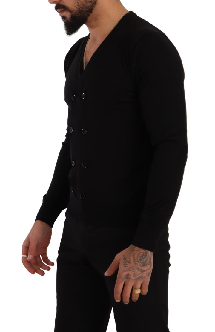 Schwarzer Kaschmir-Strickpullover mit Knopfleiste