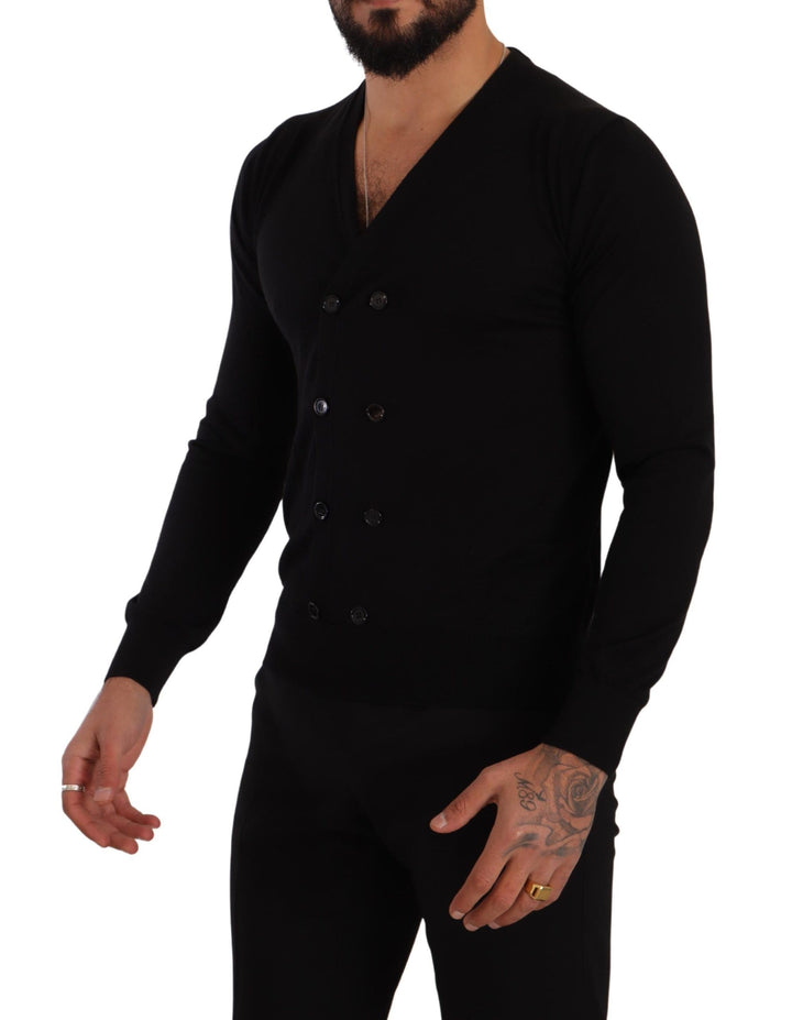 Schwarzer Kaschmir-Strickpullover mit Knopfleiste