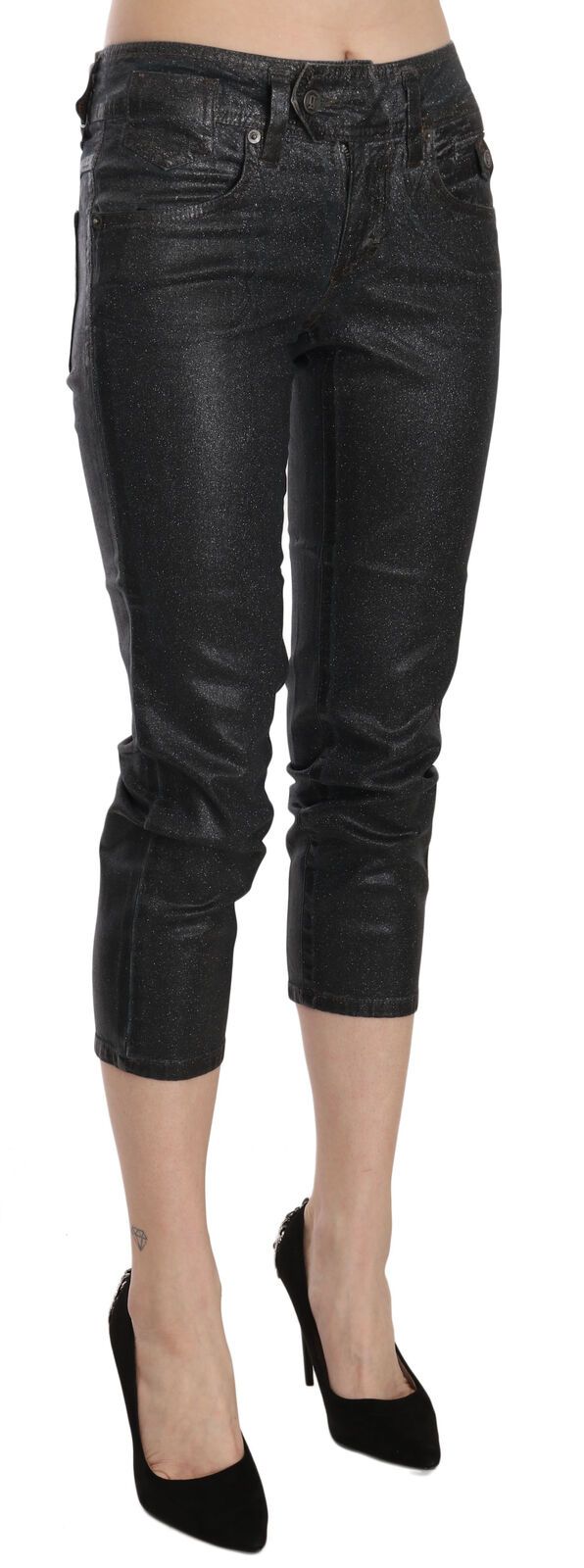Schwarze gewaschene Denim-Hose mit schmalem Bein und mittlerer Taille