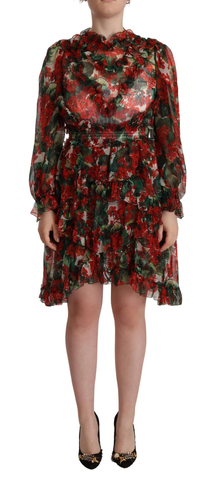 Knee-length dress in floral silk