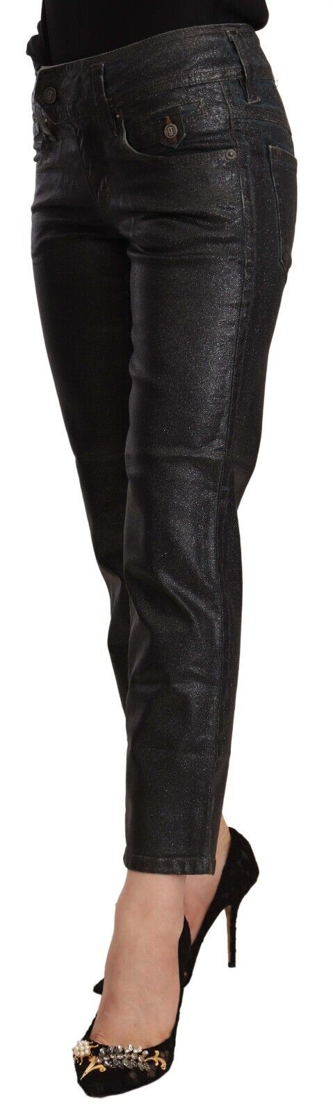 Schwarze glitzernde Baumwoll-Cropped-Hose mit mittlerer Taille