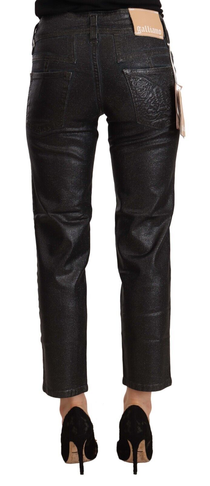 Schwarze glitzernde Baumwoll-Cropped-Hose mit mittlerer Taille