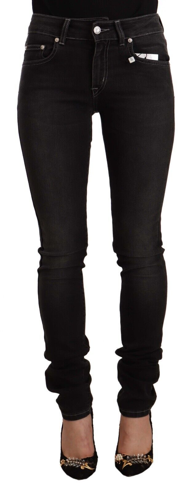 Schwarze gewaschene Slim Fit Jeans mit mittlerer Taille aus Baumwolle
