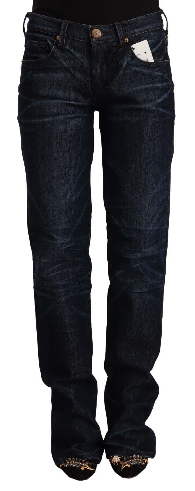 Dunkelblaue Straight-Jeans aus Baumwoll-Denim mit mittlerer Taille