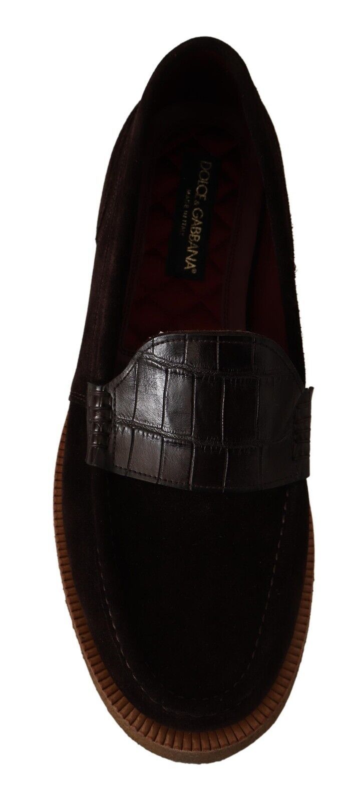 Elegant suede loafers with crocodile in brown