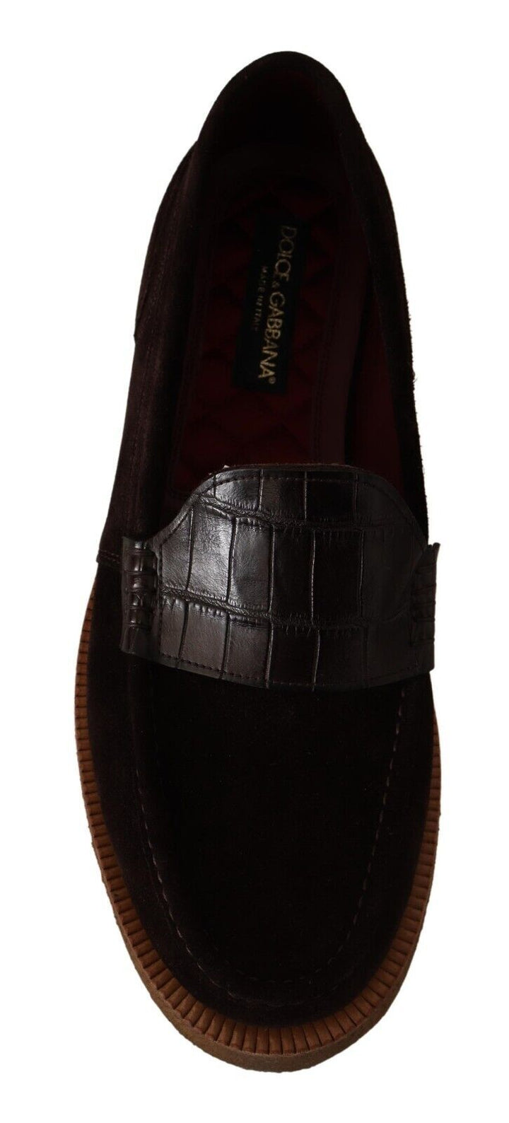 Elegant suede loafers with crocodile in brown