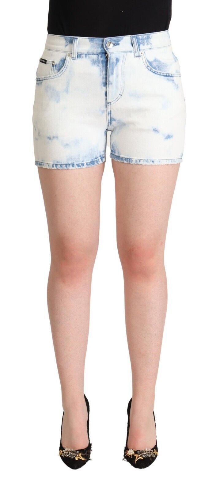 Weiß-Blau gefärbte Denim-Shorts aus Baumwolle mit mittlerer Taille