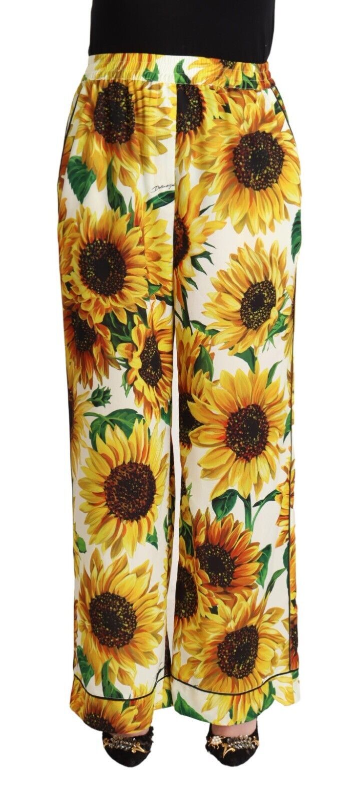 Weiße Sonnenblumen Print Mid Waist Wide Leg Pants
