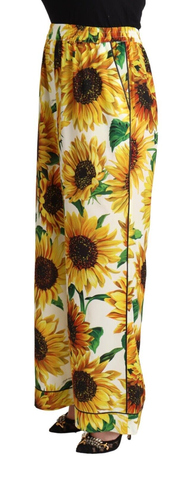 Weiße Sonnenblumen Print Mid Waist Wide Leg Pants