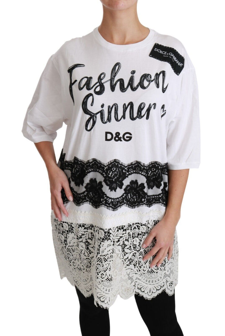 Weißes Fashion Sinner Baumwoll-Spitzen-T-Shirt-Top