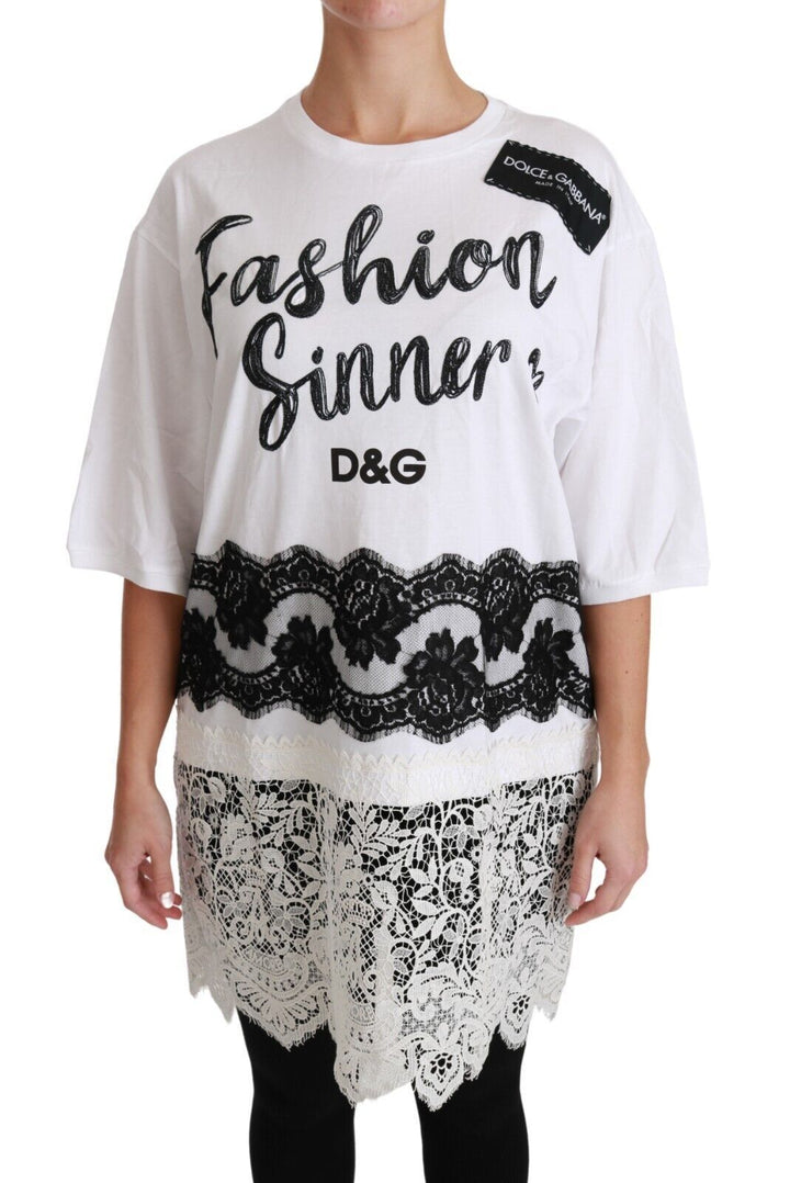 Weißes Fashion Sinner Baumwoll-Spitzen-T-Shirt-Top