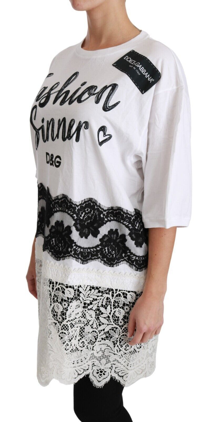 Weißes Fashion Sinner Baumwoll-Spitzen-T-Shirt-Top