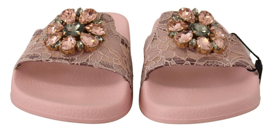 Dolce & Gabbana Slide Flats mit floraler Spitze und Kristallverzierung