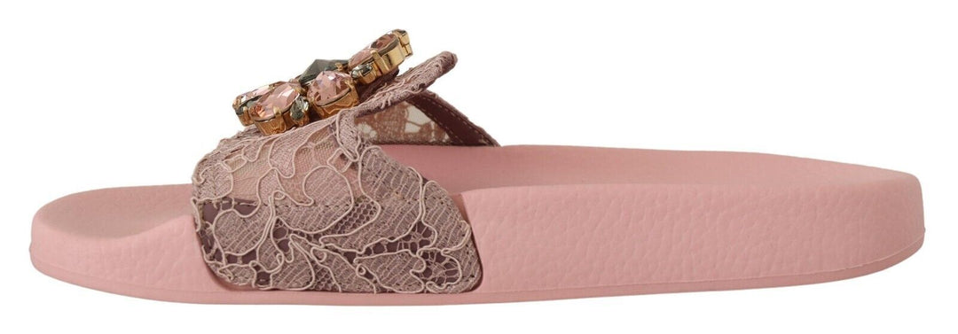 Dolce & Gabbana Slide Flats mit floraler Spitze und Kristallverzierung