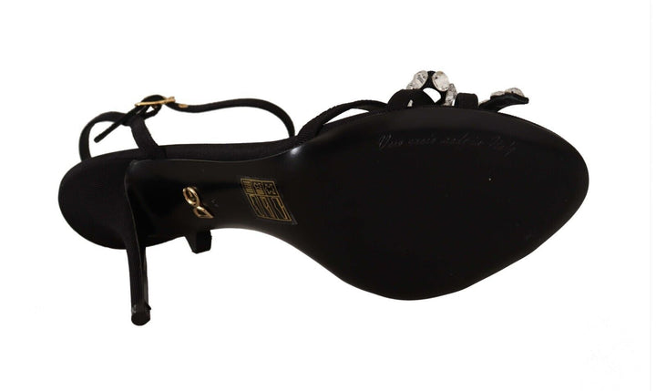 Elegant black viscose ankle strap sandals with crystals