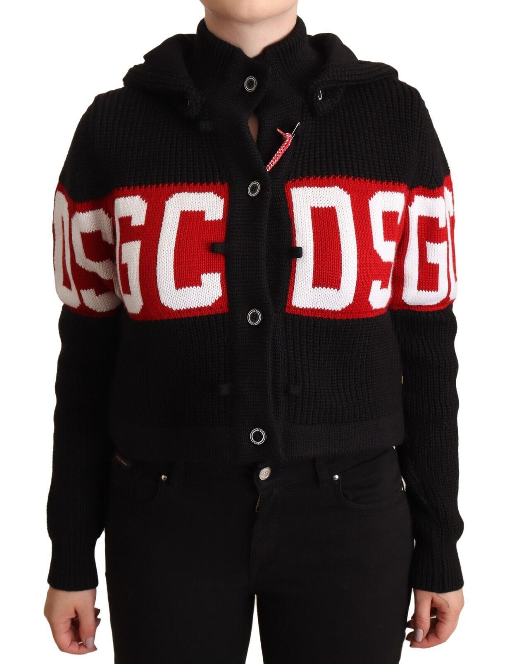 Schwarze Kaschmir-Kapuzenjacke mit Knopfleiste und Logo-Cardigan