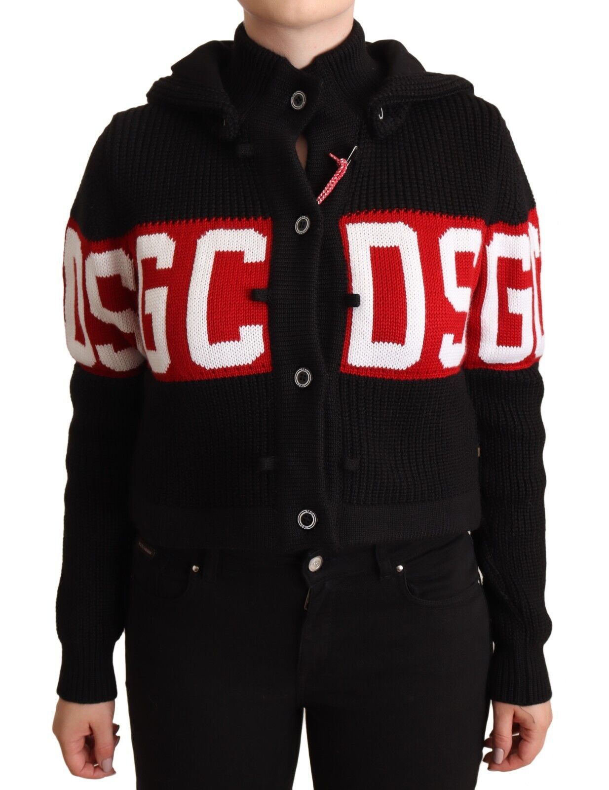 Schwarze Kaschmir-Kapuzenjacke mit Knopfleiste und Logo-Cardigan