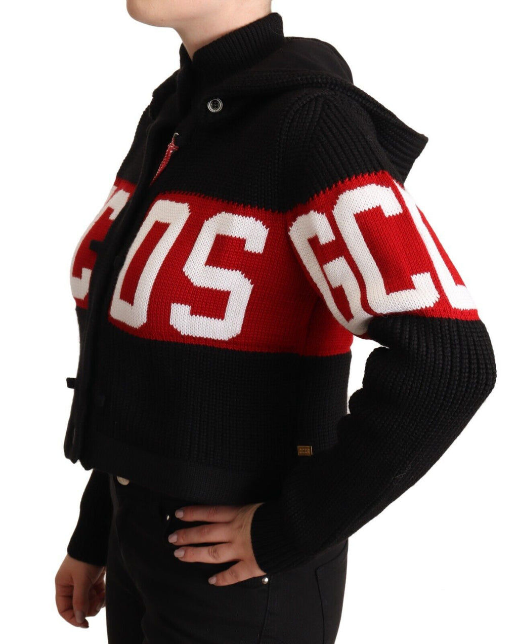 Schwarze Kaschmir-Kapuzenjacke mit Knopfleiste und Logo-Cardigan
