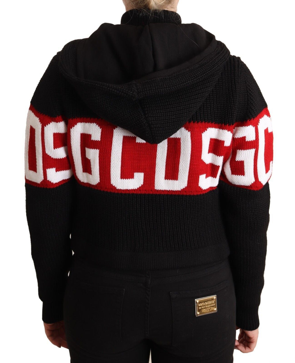 Schwarze Kaschmir-Kapuzenjacke mit Knopfleiste und Logo-Cardigan