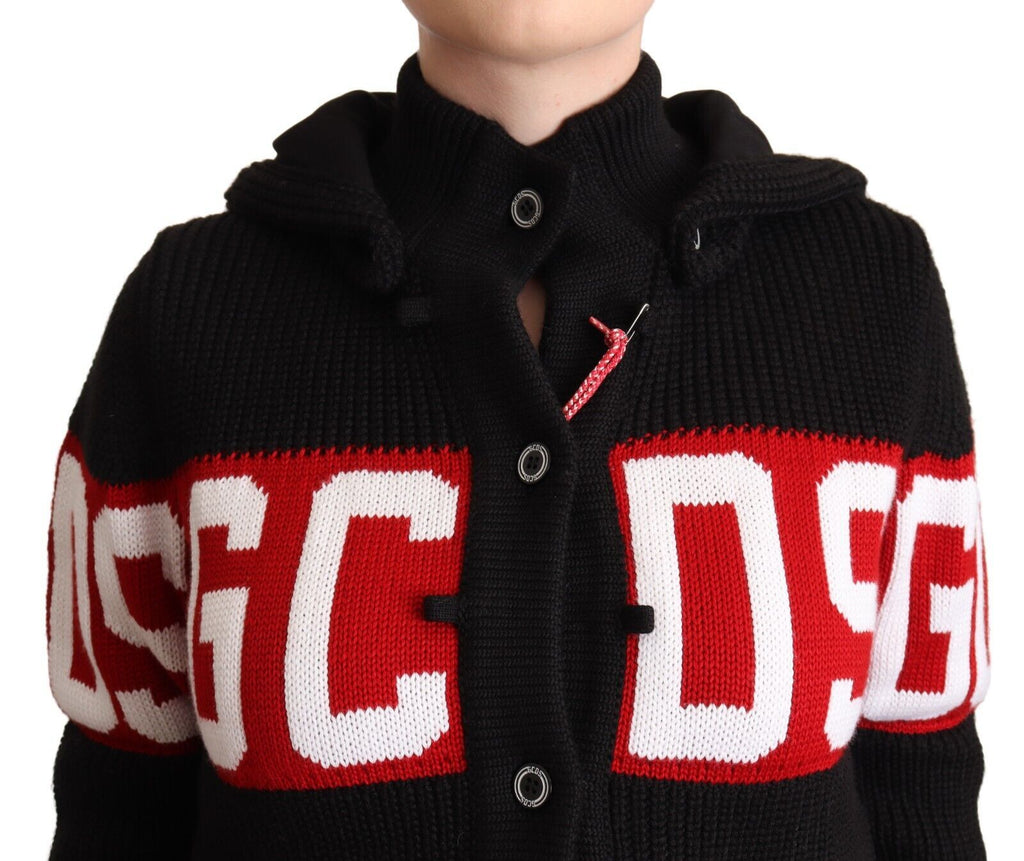 Schwarze Kaschmir-Kapuzenjacke mit Knopfleiste und Logo-Cardigan