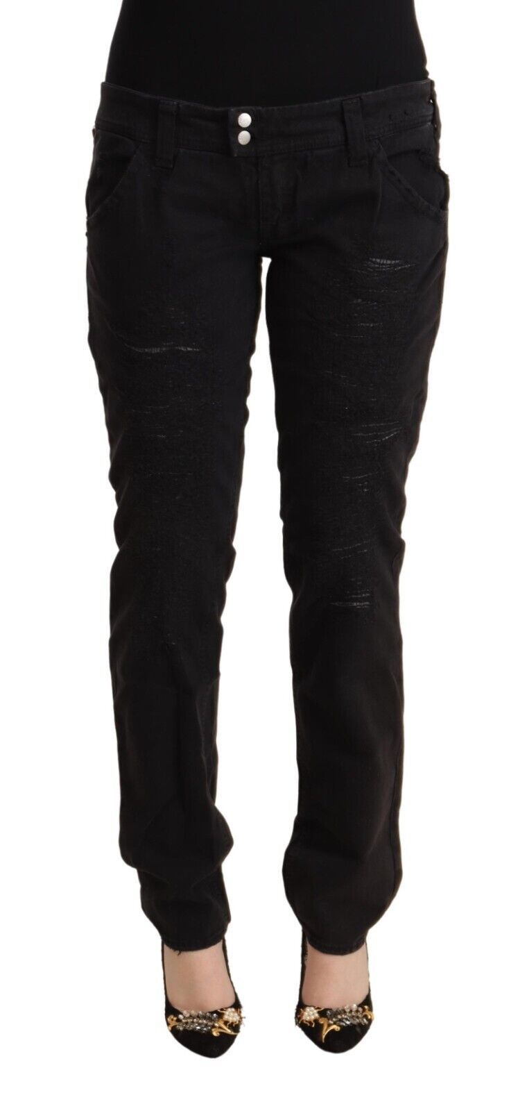 Schwarze Baumwoll-Distressed-Denim-Jeans mit niedriger Taille und schmaler Passform