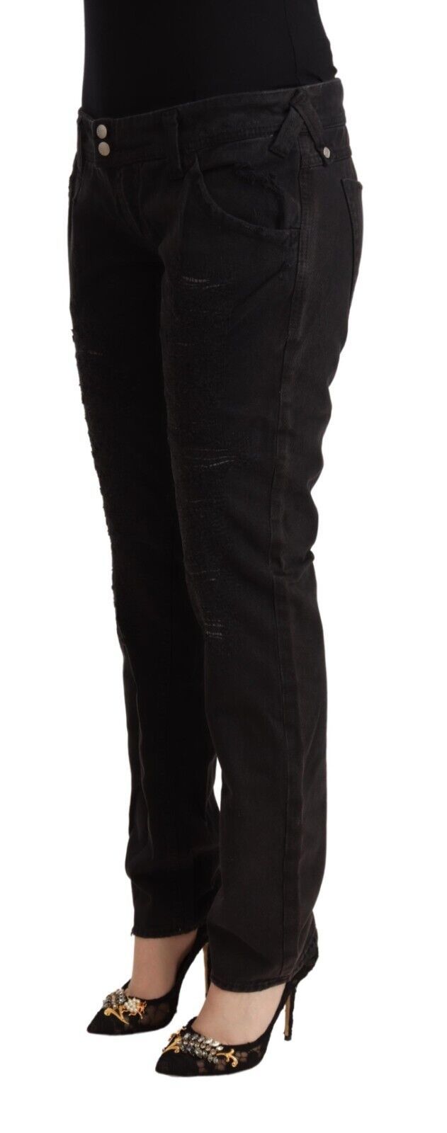 Schwarze Baumwoll-Distressed-Denim-Jeans mit niedriger Taille und schmaler Passform