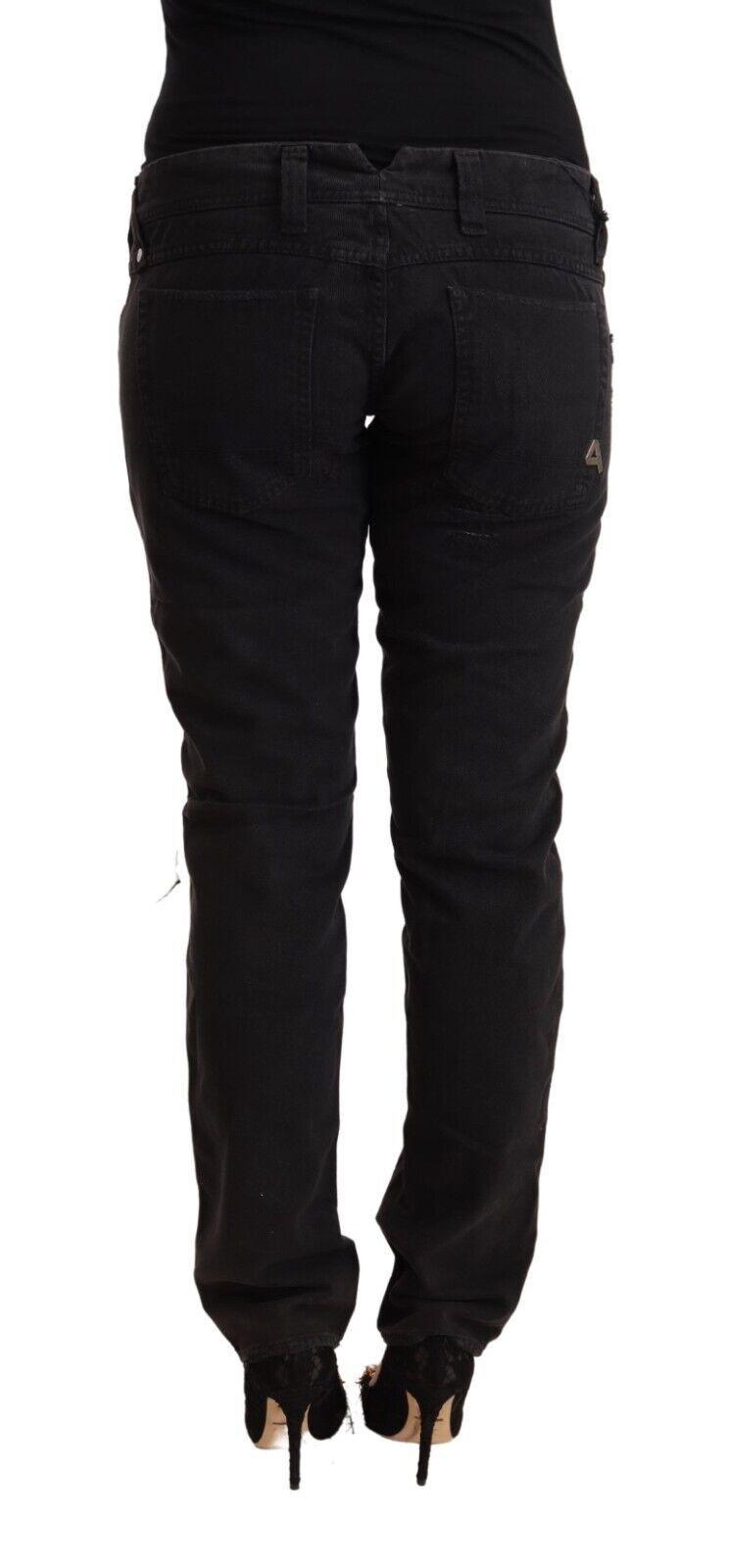 Schwarze Baumwoll-Distressed-Denim-Jeans mit niedriger Taille und schmaler Passform
