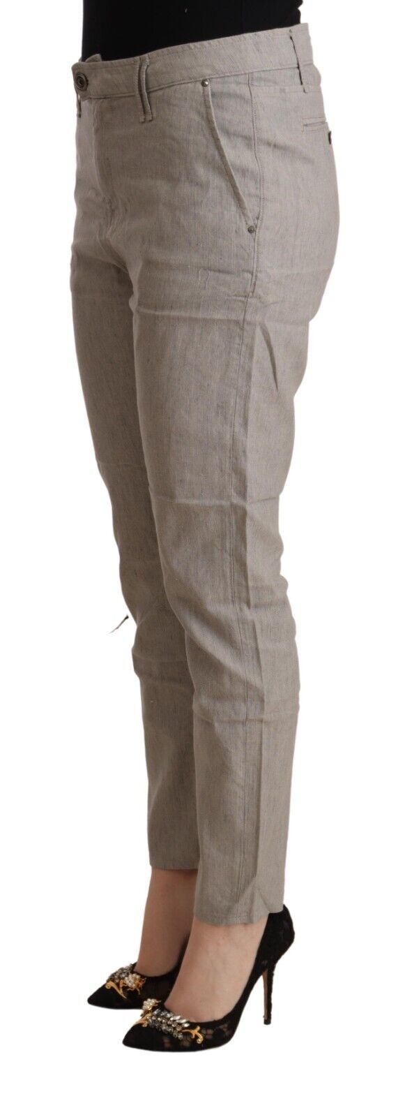 Hellgraue konisch zulaufende Hose aus Leinenmischung mit mittlerer Taille