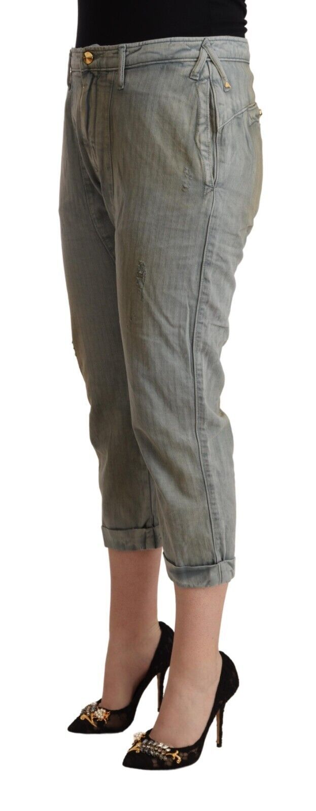 Graue Mid Waist Skinny Cropped Pants aus 100% Baumwolle