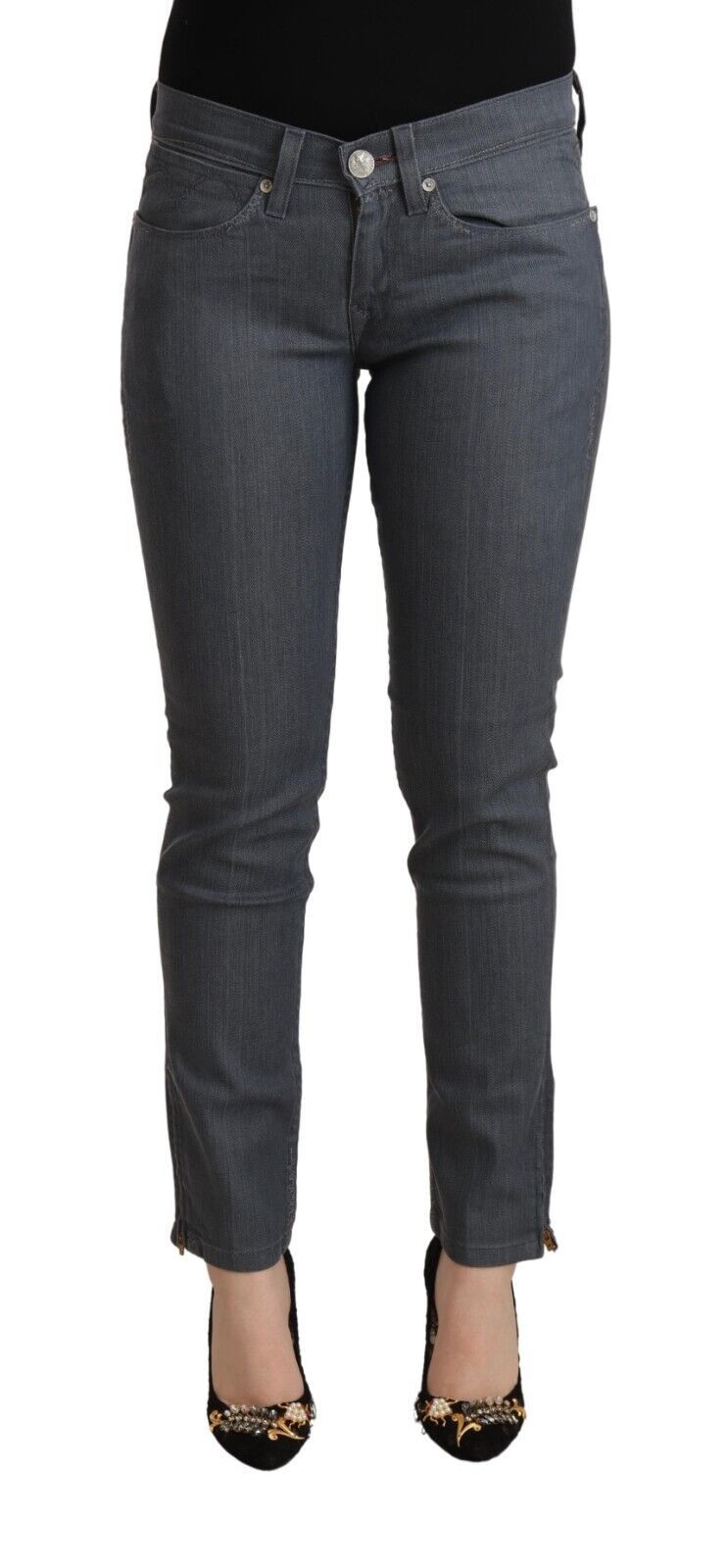 Graue Skinny Denim-Jeans aus Baumwolle mit niedriger Taille