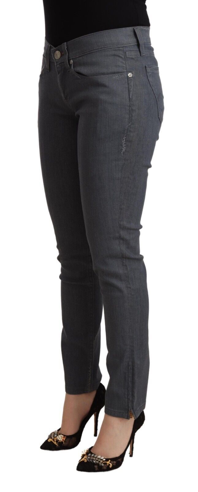Graue Skinny Denim-Jeans aus Baumwolle mit niedriger Taille