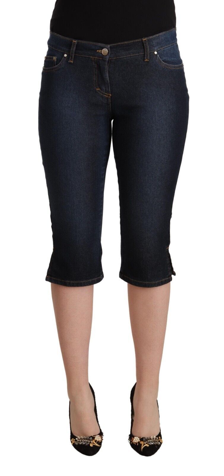 Blaue Baumwoll-Stretch-Jeans mit niedriger Taille und schmaler Capri-Hose aus Denim