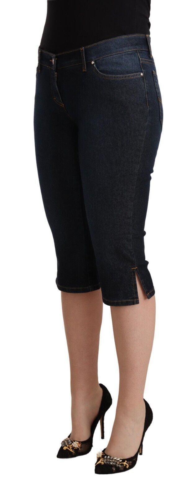 Blaue Baumwoll-Stretch-Jeans mit niedriger Taille und schmaler Capri-Hose aus Denim