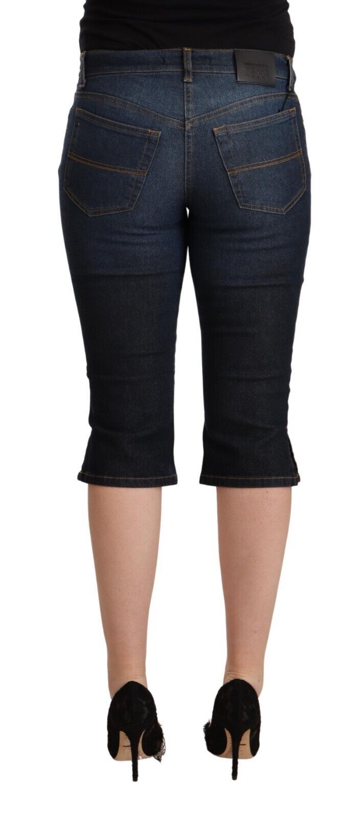 Blaue Baumwoll-Stretch-Jeans mit niedriger Taille und schmaler Capri-Hose aus Denim