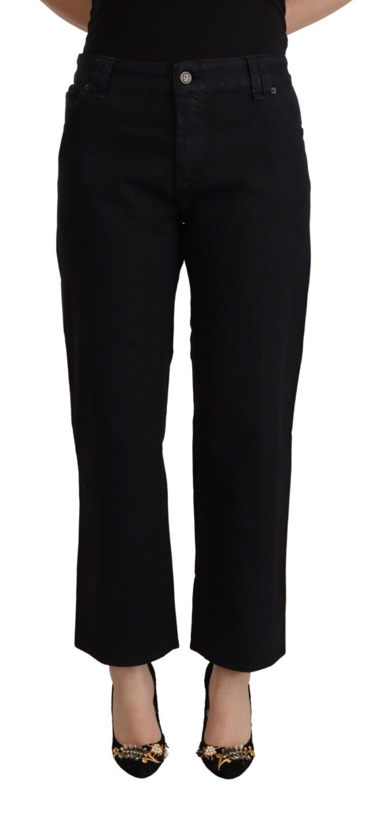 Schwarze Baumwoll-Denim-Jeans mit ausgestelltem Bund und hoher Taille