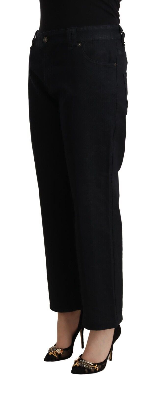 Schwarze Baumwoll-Denim-Jeans mit ausgestelltem Bund und hoher Taille