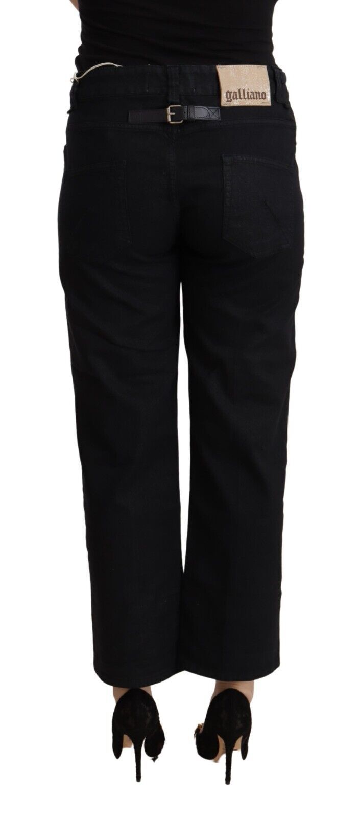 Schwarze Baumwoll-Denim-Jeans mit ausgestelltem Bund und hoher Taille