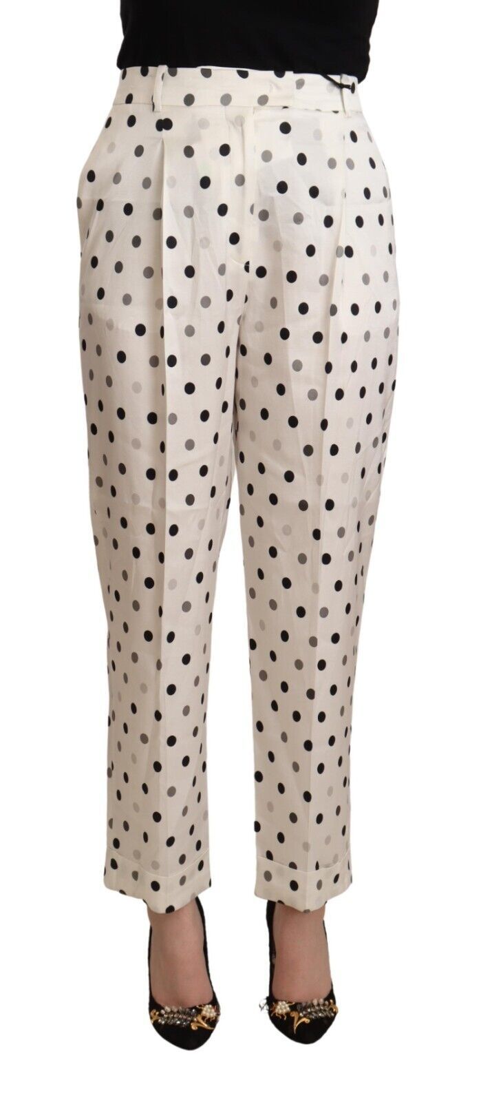 Weiße gepunktete konisch zulaufende Hose mit hoher Taille