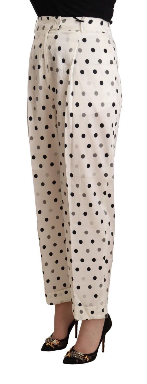 Weiße gepunktete konisch zulaufende Hose mit hoher Taille