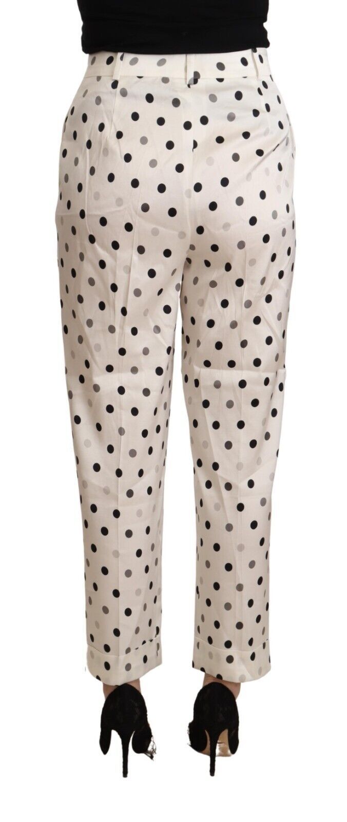 Weiße gepunktete konisch zulaufende Hose mit hoher Taille
