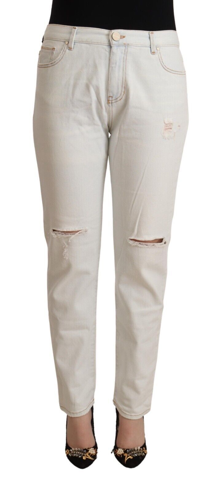 Weiße Baumwoll-Distressed Mid Waist Skinny Denim Jeans