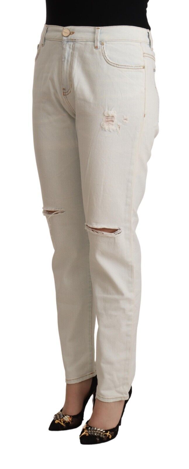 Weiße Baumwoll-Distressed Mid Waist Skinny Denim Jeans