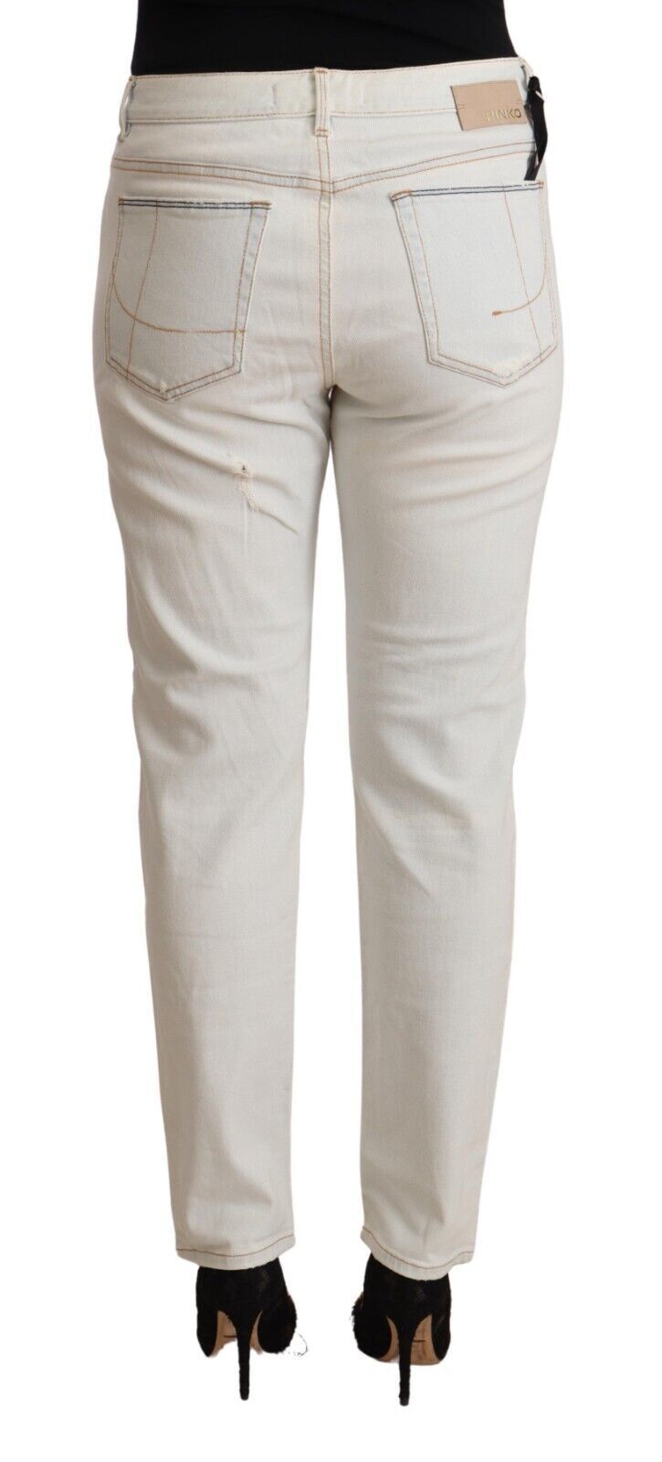 Weiße Baumwoll-Distressed Mid Waist Skinny Denim Jeans
