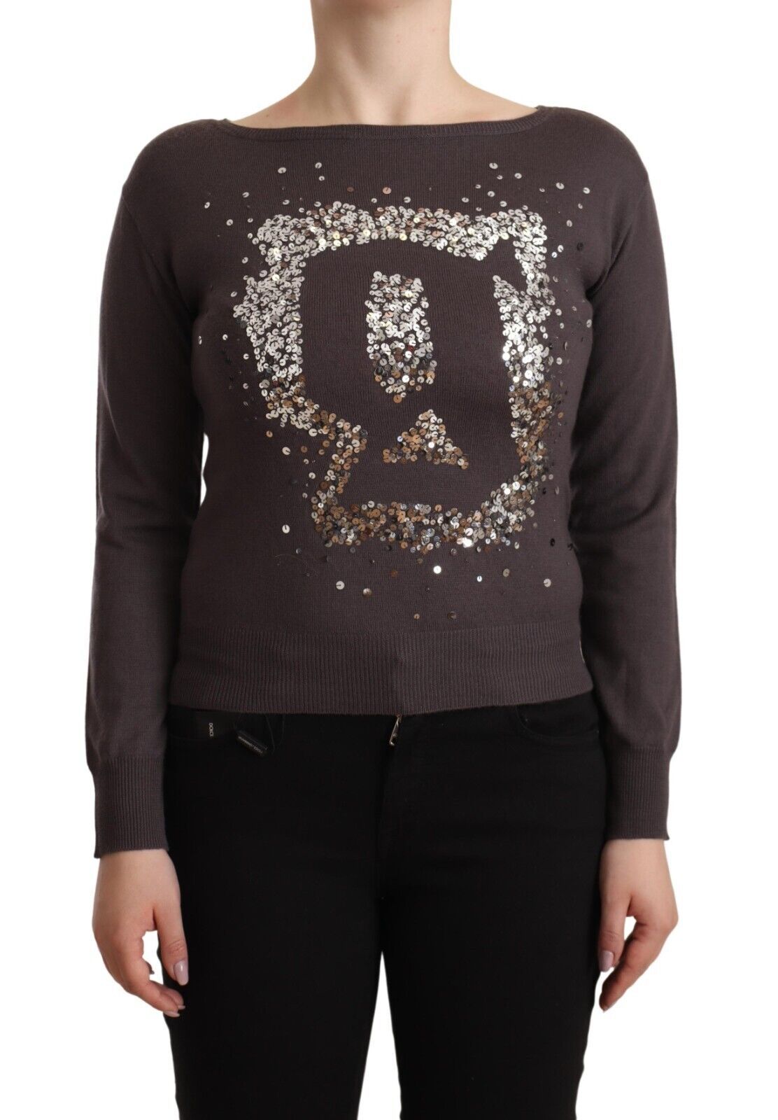 Brauner Wollpullover mit langen Ärmeln und Pailletten