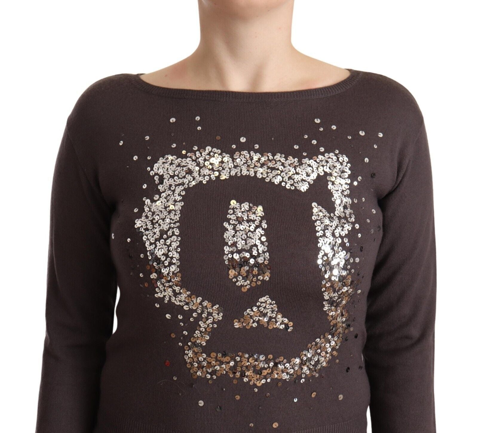 Brauner Wollpullover mit langen Ärmeln und Pailletten