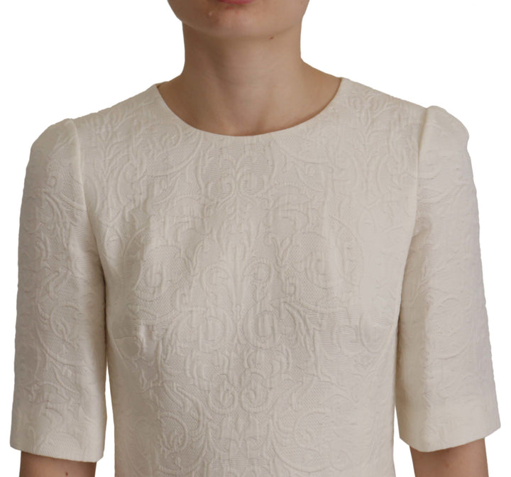 Weißes Jaquard Midi Kleid mit Blumenmuster und Brokatbesatz