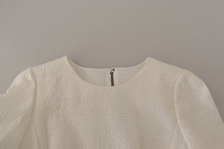 Weißes Jaquard Midi Kleid mit Blumenmuster und Brokatbesatz